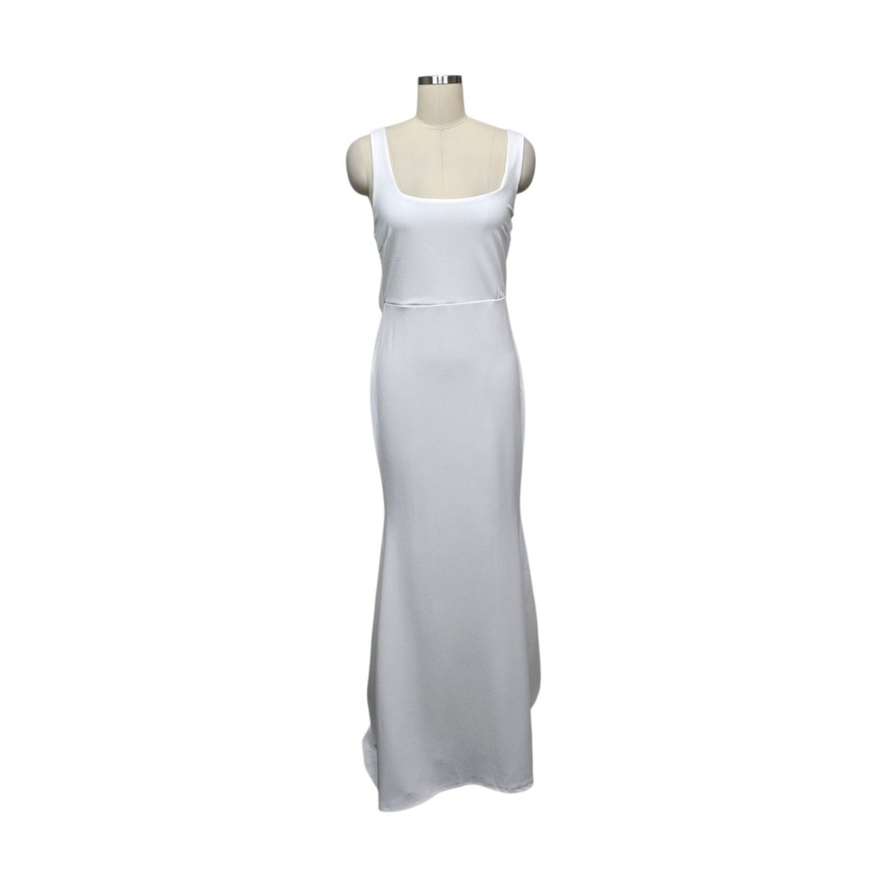 NWT Lulus White Square Neck Bow Back Mermaid Maxi Dress Bridal Gown Size Large - Picture 1 of 9